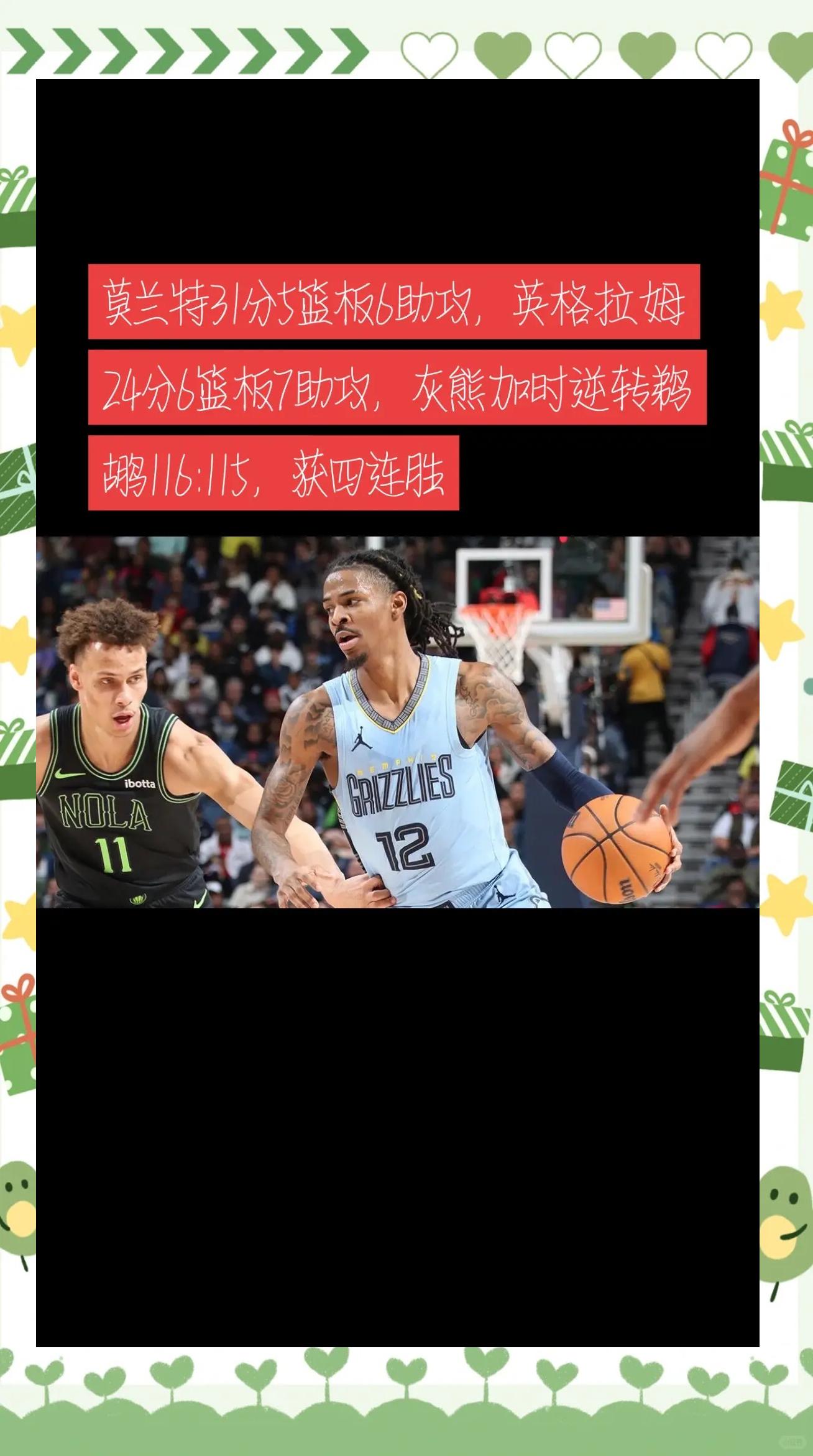 鹈鹕赢得对决灰熊，英格拉姆展现进步 
